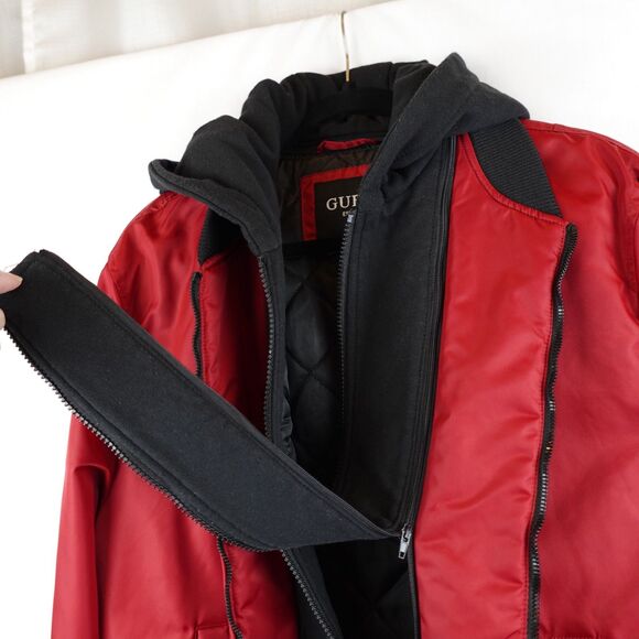 GUESS Men's Hooded Bomber Jacket Red Black Size Large Streetwear Lagenlook Fall - Picture 5 of 16